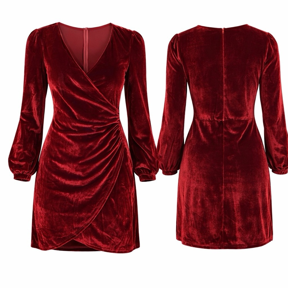 Red Velvet Wrap Mini Dress Ruched Long Sleeve Holiday Party